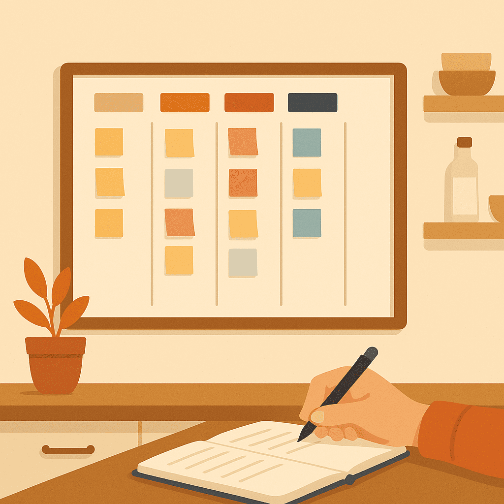 âTableau de planification familiale colorĂ© affichĂ© sur un mur, illustrant lâorganisation agile du quotidien