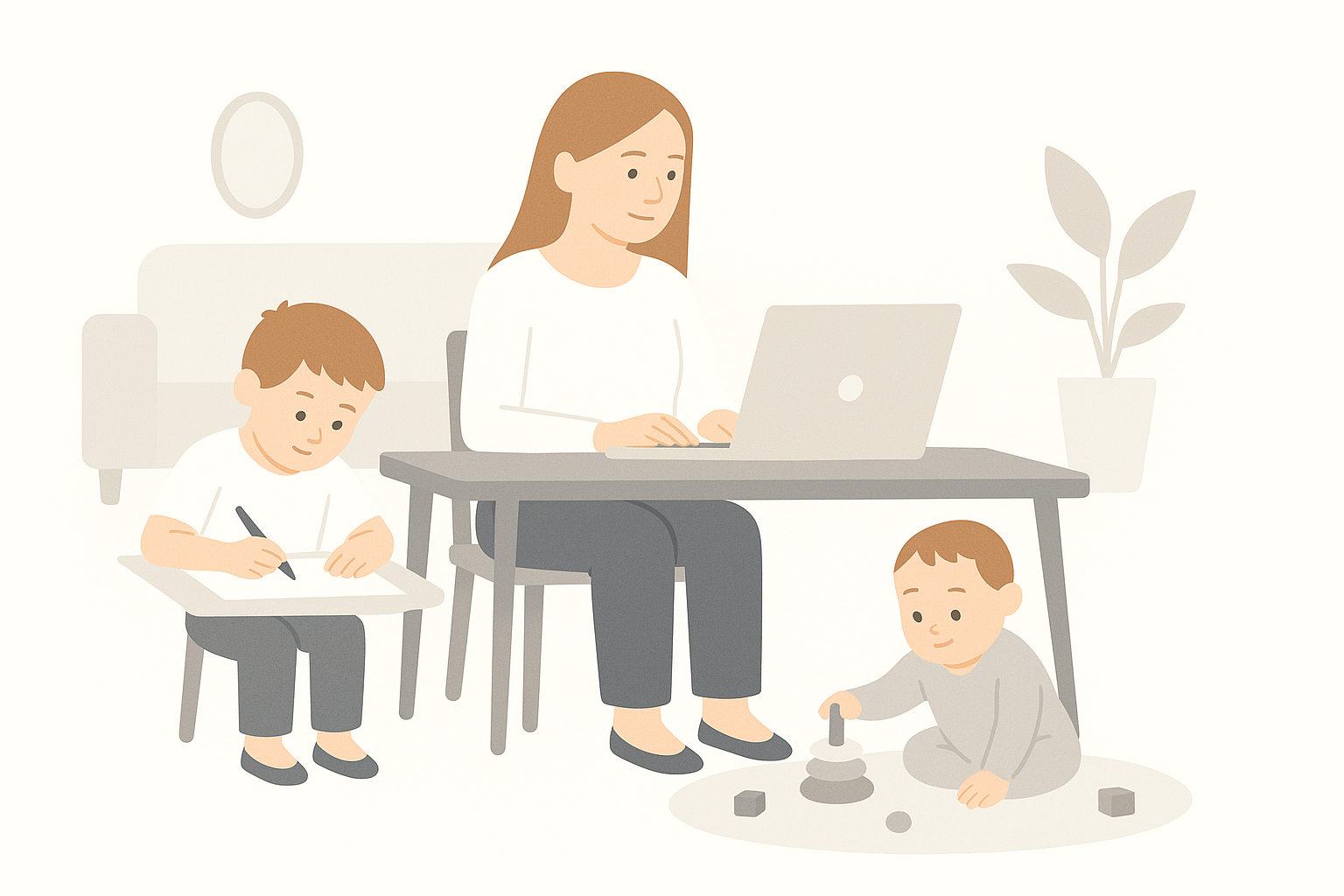 Maman travaillant sur son ordinateur portable à la maison pendant que ses enfants jouent et dessinent, dans une ambiance douce et lumineuse symbolisant l’équilibre entre travail et vie de famille