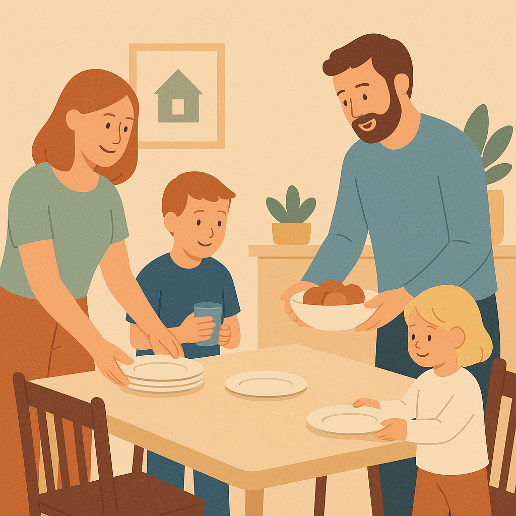 Parents et enfants accomplissant ensemble une tâche ménagère, comme mettre la table ou ranger les jouets, illustrant la coopération et l’esprit d’équipe dans la famille.