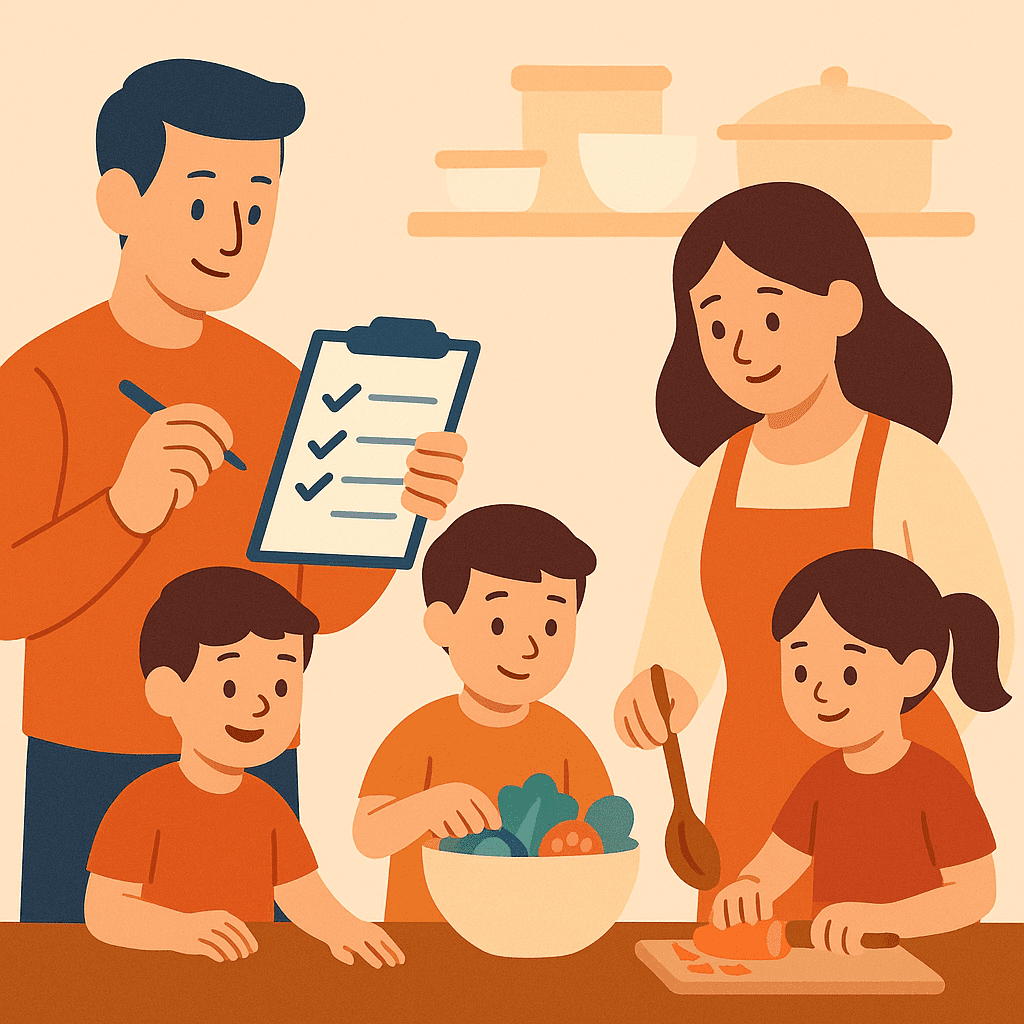 Famille en cuisine travaillant en équipe