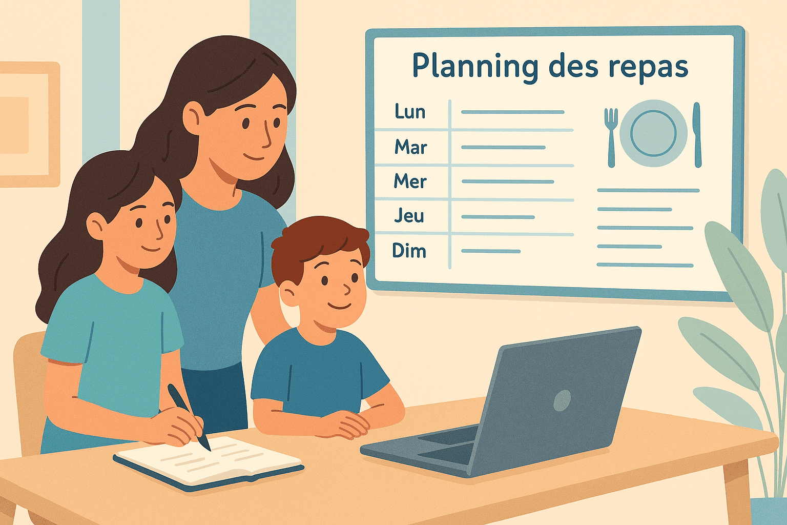 Maman planifiant les repas de la semaine selon une méthode de gestion de projet
