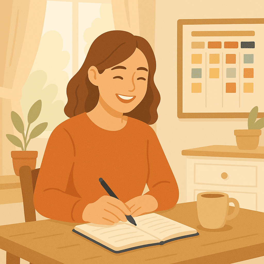 Jeune maman souriante, carnet et café devant elle, symbole de sérénité retrouvée grùce à une organisation apaisée