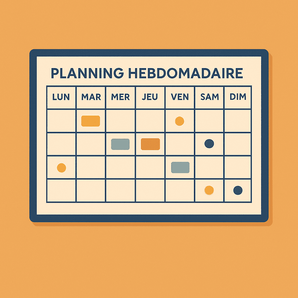 Tableau familial affiché sur un mur avec un planning hebdomadaire coloré, organisé par jours et codes couleurs pour planifier la semaine en famille.