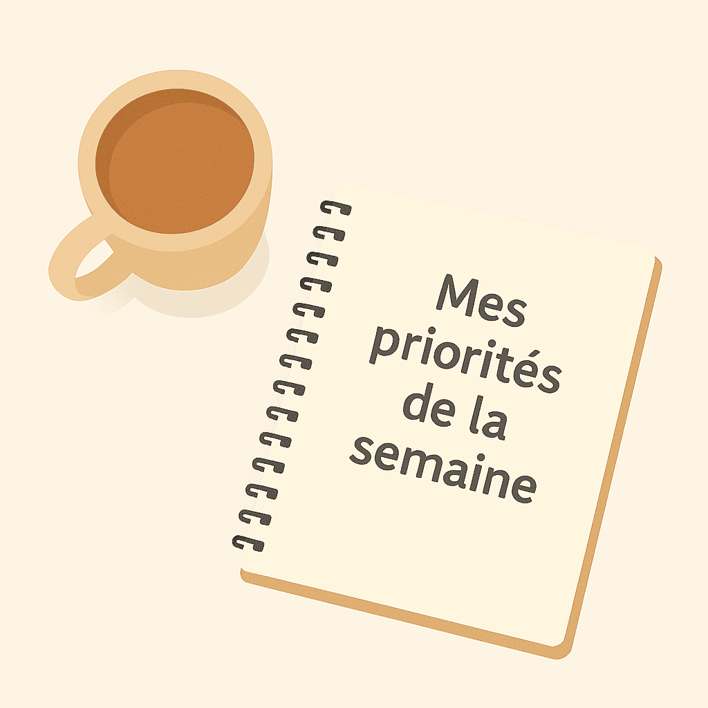 Tasse de café posée à côté d’un carnet ouvert avec la mention “Mes priorités de la semaine”, représentant un moment calme et organisé pour planifier sa semaine sereinement.