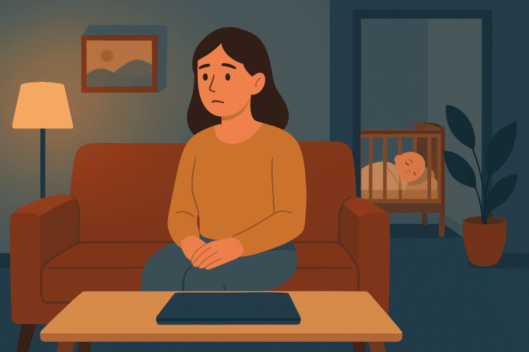 Jeune maman seule dans son salon, réfléchissant à sa charge mentale pendant que son bébé dort