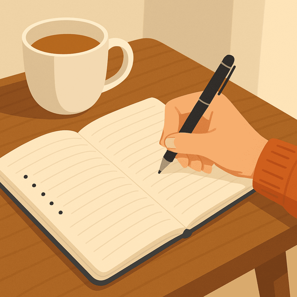 Carnet de to-do list avec une tasse de thé, symbole du vidage mental pour réduire la charge mental