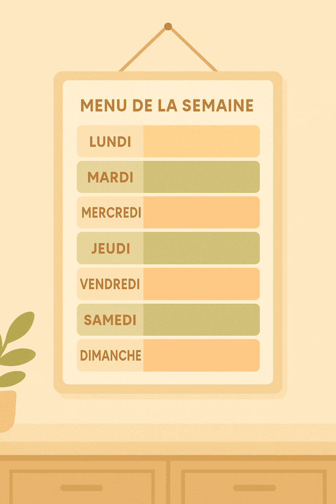 Menu hebdomadaire affiché dans la cuisine, planification des repas en famille