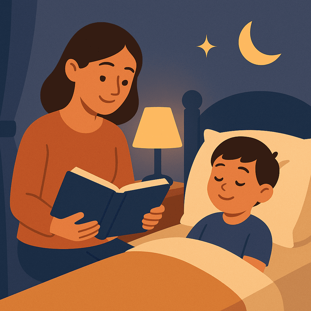 Maman prépare une ambiance calme pour la routine du soir des enfants, lumière douce et moment apaisant