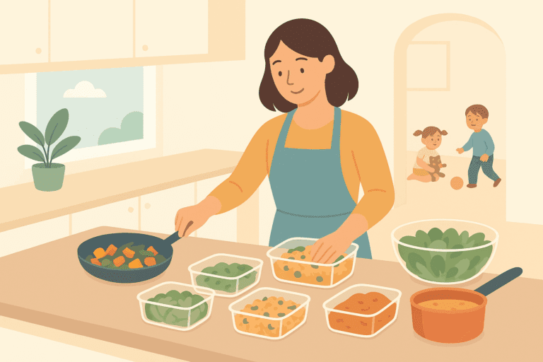 Jeune maman préparant plusieurs repas en avance pour la semaine, ambiance familiale et sereine