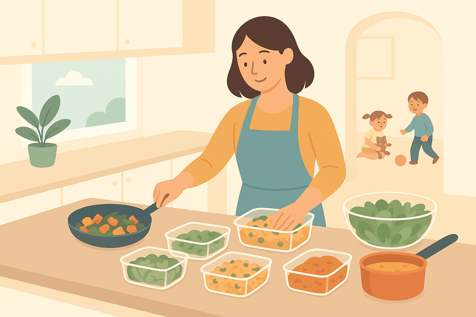 Jeune maman préparant plusieurs repas en avance pour la semaine, ambiance familiale et sereine