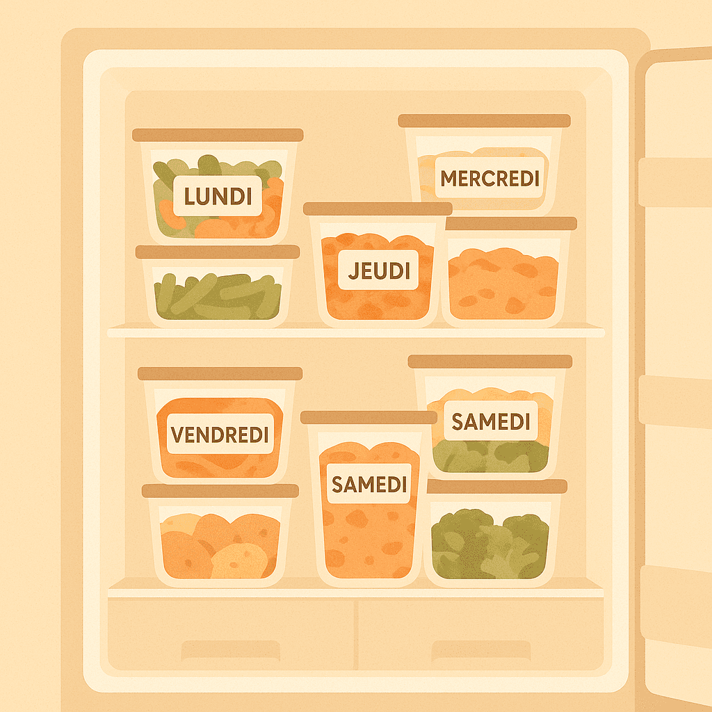 Réfrigérateur familial organisé avec plats préparés en avance, étiquettes et contenants clairs
