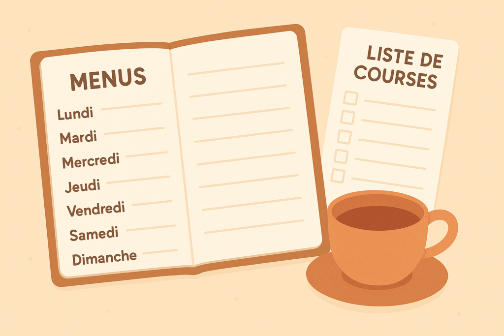 Carnet de planification des repas et liste de courses pour la semaine, style cosy et organisé