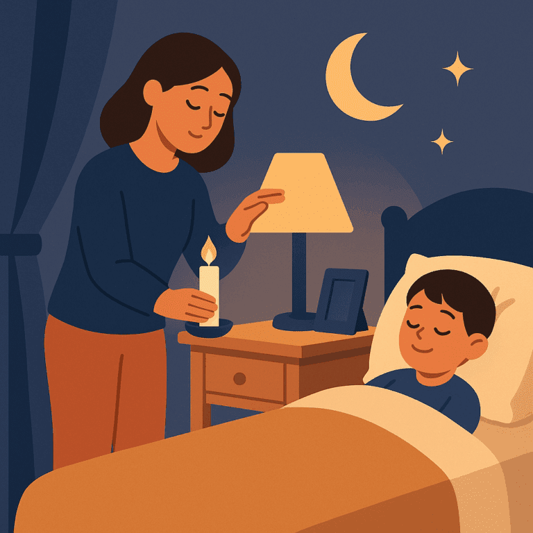 Lecture du soir avec un enfant dans un lit, rituel de coucher simple et serein