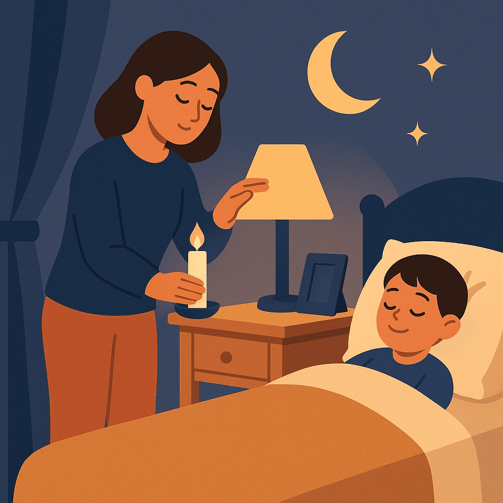 Lecture du soir avec un enfant dans un lit, rituel de coucher simple et serein