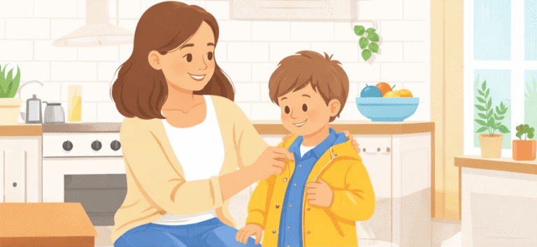 Maman souriante aide son enfant de maternelle à s'habiller le matin