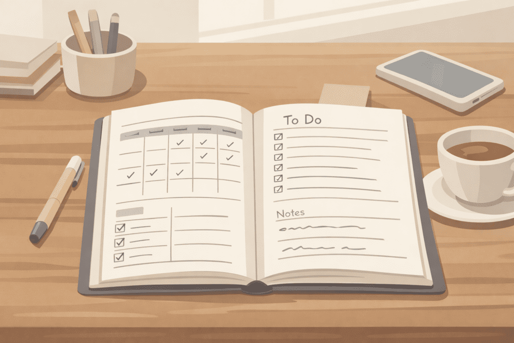 Planificateur familial sur table en bois