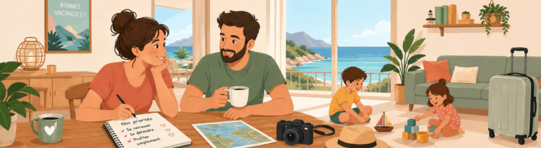 famille en vacances s’organisant sereinement avec enfants