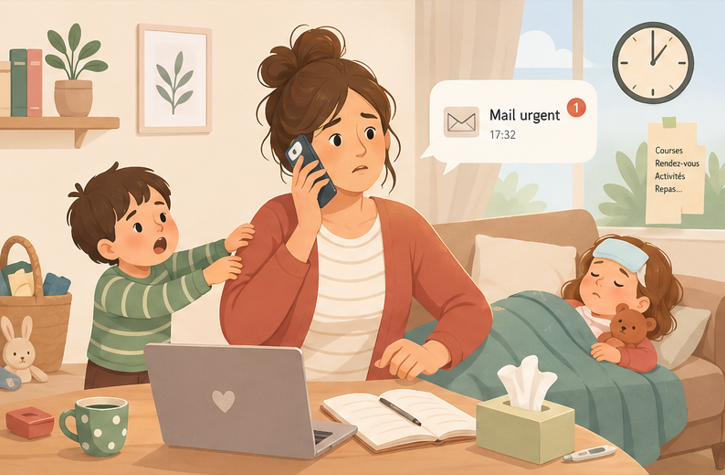maman débordée gérant imprévus du quotidien avec enfants