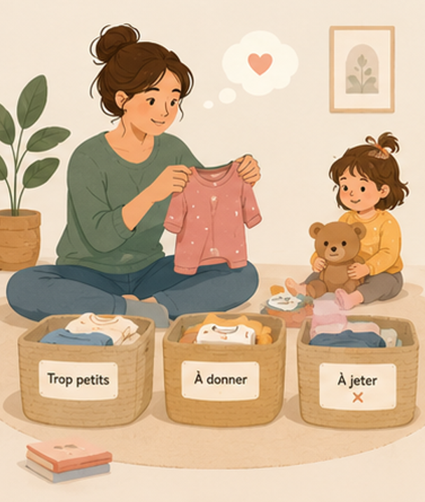 parent triant des vêtements et jouets d’enfants dans des paniers