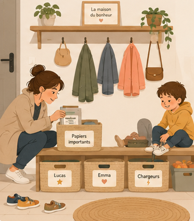 entrée familiale organisée avec paniers et rangement pratique