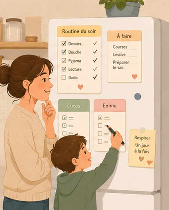 checklists et routines visuelles dans une cuisine familiale