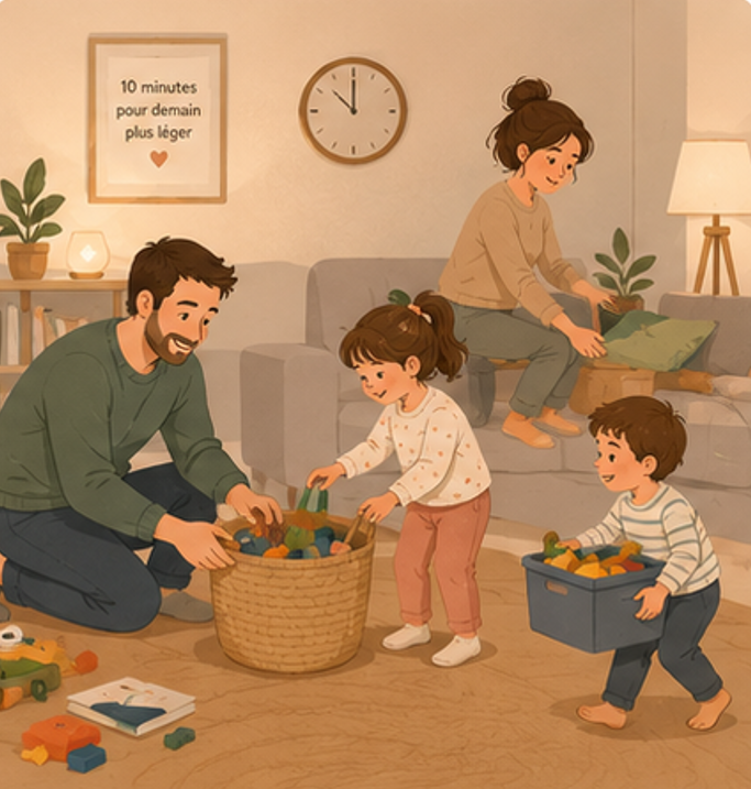 famille faisant une petite remise en ordre du salon le soir